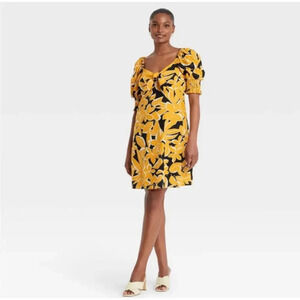 Who What Wear Yellow Floral Puff Sleeve Dress
